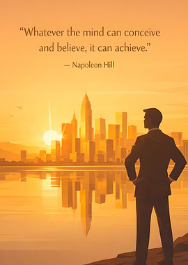 Businessman looking at city skyline at sunrise