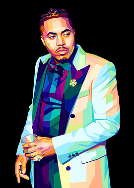 Nas in a colorful suit