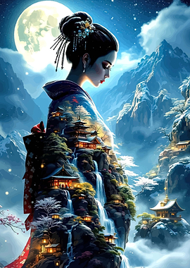 Geisha with Japanese Landscape on Kimono