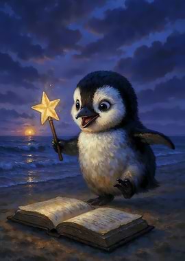 Cute Penguin with Magic Wand and Book