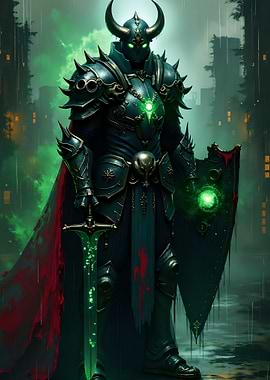 Dark Knight with Glowing Sword and Shield