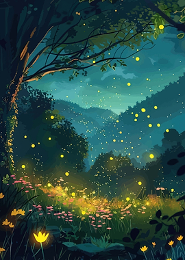 Enchanted Forest at Night with Fireflies