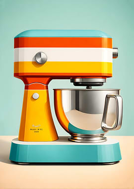 Retro Stand Mixer Metal Poster - Mid Century Modern Kitchen Wall Art - Teal and Orange Baking Decor