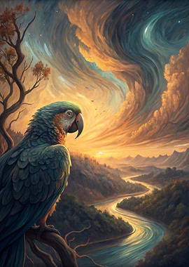 Parrot overlooking a river valley at sunset