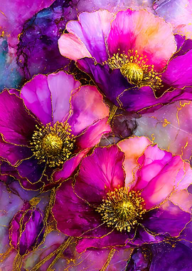 Vibrant Pink Gold Poppy Flowers