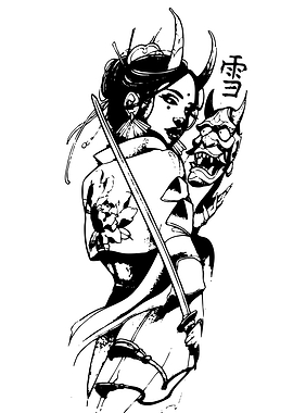 Geisha with Oni Mask and Katana