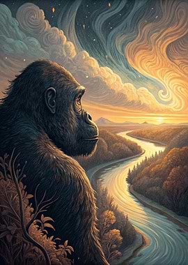 Gorilla overlooking a river at sunset