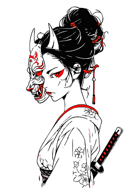 Geisha with Oni Mask and Katana