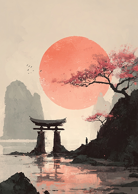 Japanese Torii Gate at Sunset