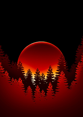 Crimson Sunset Over Pine Forest