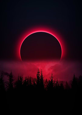 Red Solar Eclipse Over Forest
