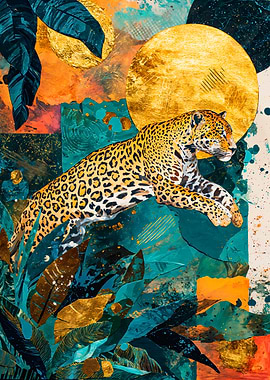 Leaping Leopard Abstract Gold Collage