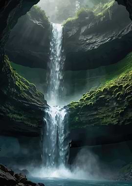 Enchanting Waterfall in a Lush Cave