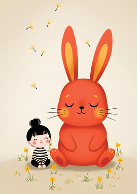 Cute Bunny and Girl in a Field