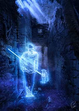 Ghostly Shepherd and Dog in Ruins