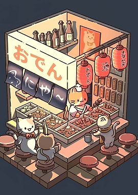 Cats Enjoying Oden at a Japanese Stall