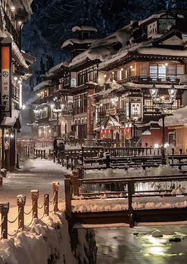 Snowy Japanese Village at Night