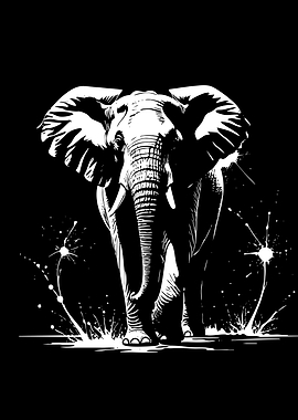 Elephant splashing water in black and white