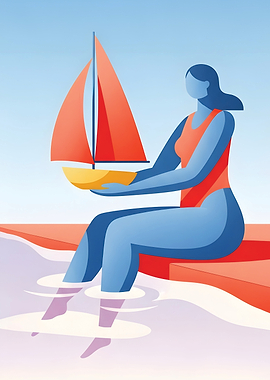 Woman with Toy Sailboat by Water