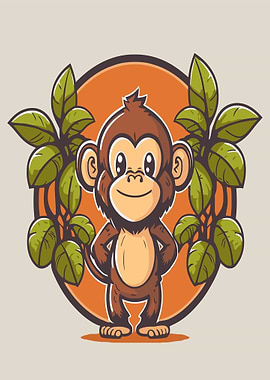 Cute Cartoon Monkey with Leaves