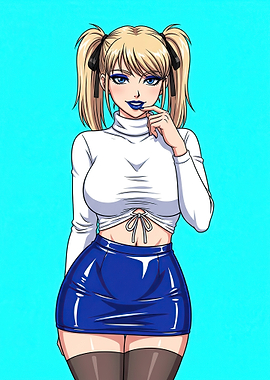 Anime Girl in White Turtleneck and Blue Skirt