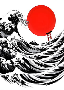 Great Wave with Red Sun and Torii Gate