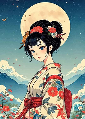 Anime Geisha Under the Full Moon