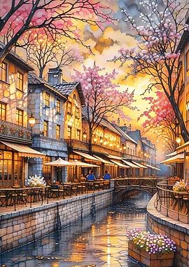 European Canal Town at Sunset