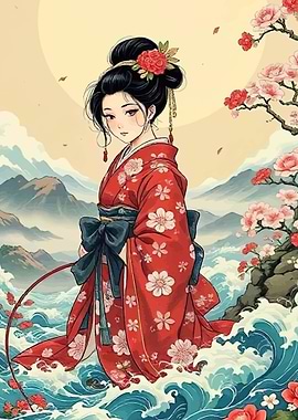 Geisha in Red Kimono by the Sea