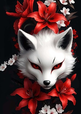 White Fox with Red Lilies