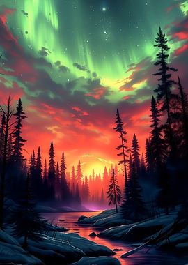 Aurora Borealis Over Forested Lake