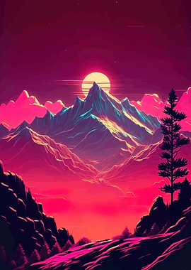 Retro Mountain Sunset