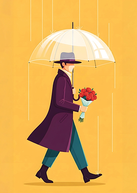 Man with Umbrella and Roses in Rain