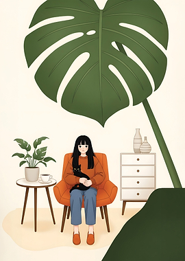 Girl with Cat in Cozy Room