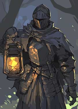Knight with Lantern in Dark Forest