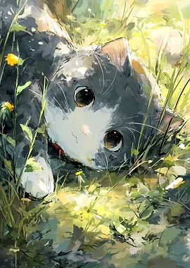 Cute Cat in a Field of Flowers