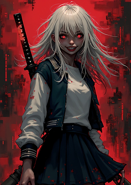 Anime Girl with Katana and Red Eyes