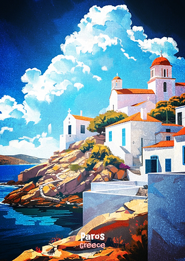 Paros Greece Coastal Village Poster