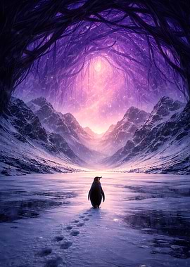 Penguin in a mystical icy landscape