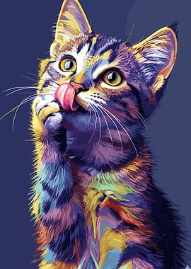 Colorful Cat Licking Its Nose
