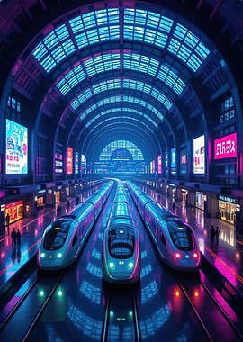 Cyberpunk Train Station at Night