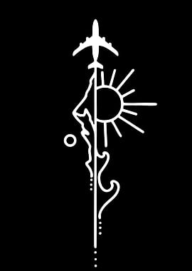 Airplane, Sun, and Mountain Line Art