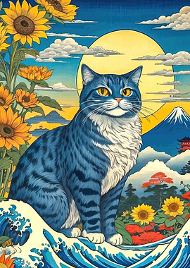 Blue Cat with Sunflowers and Mount Fuji