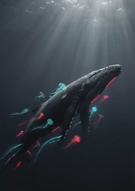Whale with glowing jellyfish