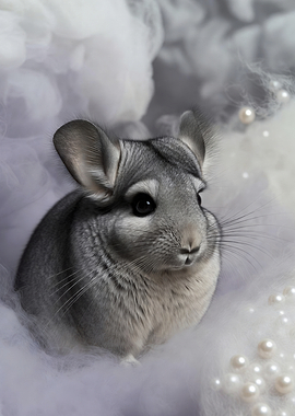 Chinchilla in fluffy clouds with pearls