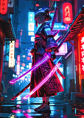 Cyberpunk Samurai Girl with Neon Swords