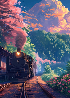 Anime Train Journey Through Cherry Blossoms