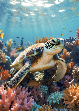 Sea Turtle Swimming in Coral Reef