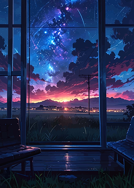 Anime Window View of Starry Night Sky