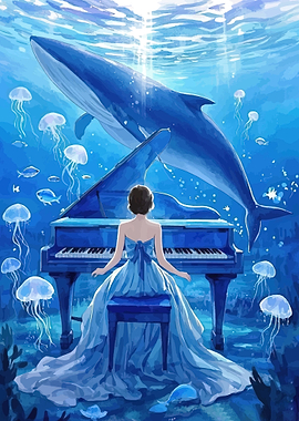Whale and Piano Under the Sea